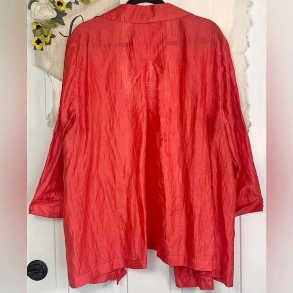 Catherines MB Salmon Crinkle Linen Blend Open Front Collared Jacket, [3x 26/28W] - Picture 6 of 7